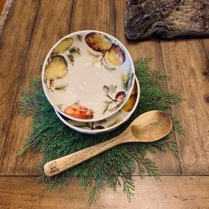 Set of serving bowls and a wooden spoon